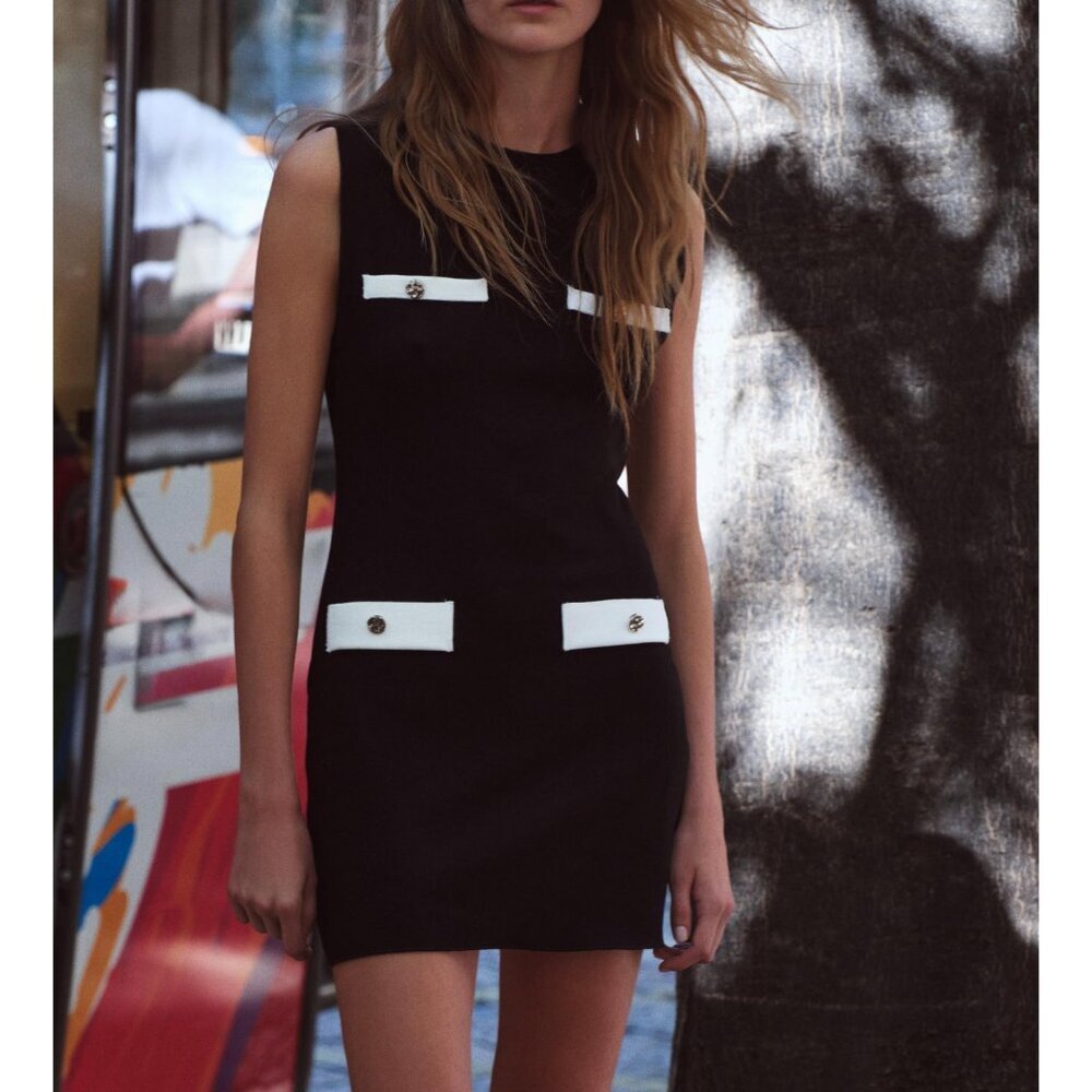 Zara Black White Contrast Knit Gold Button Sleeveless Mini Dress